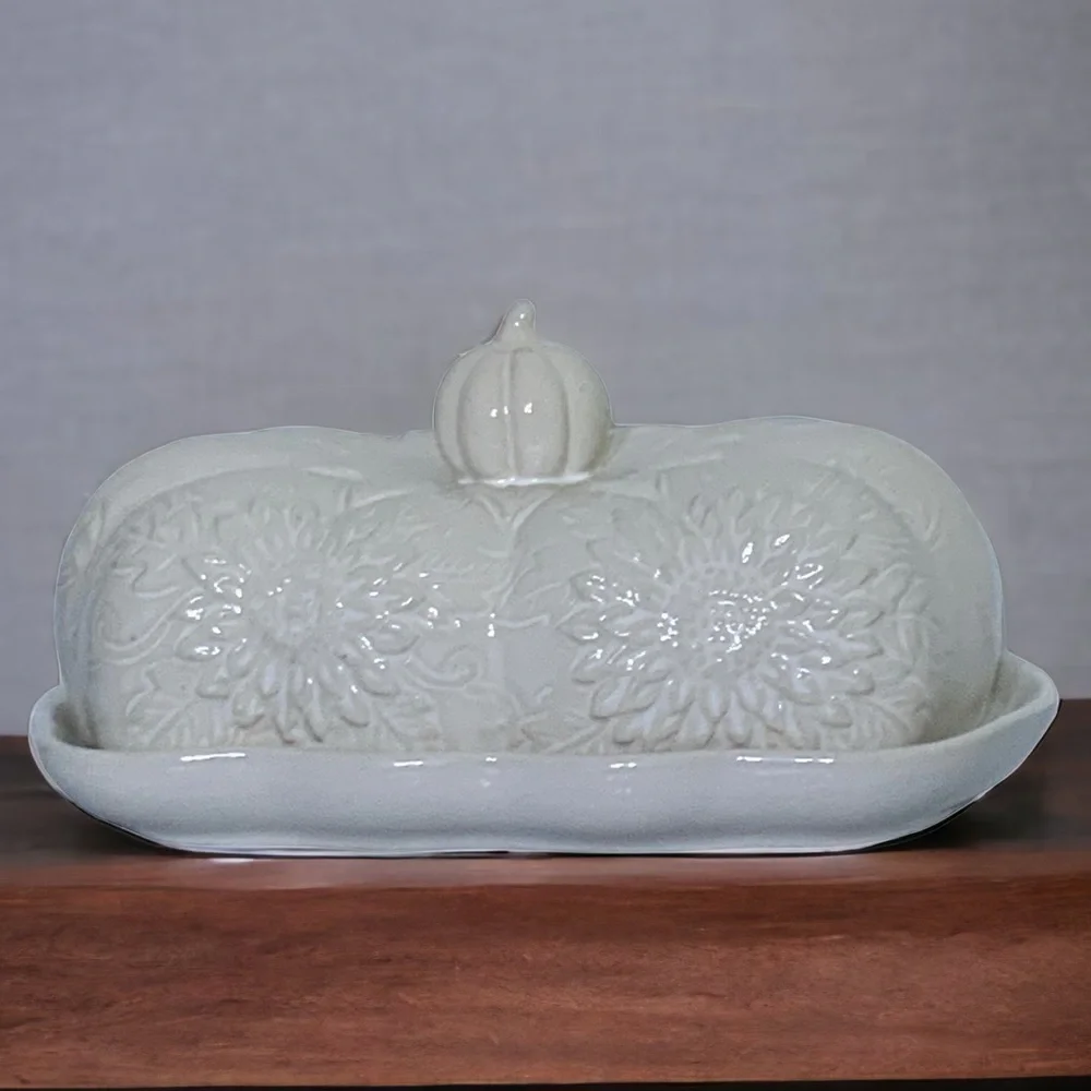 Harvest Covered Butter Dish With Lid Large Ceramic Sunflower Pumpkin White Cream